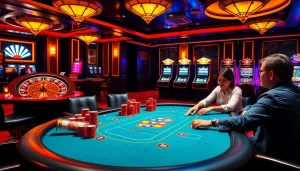 Players enjoying exciting game bài 88BET at a stylish casino table with vibrant chips.
