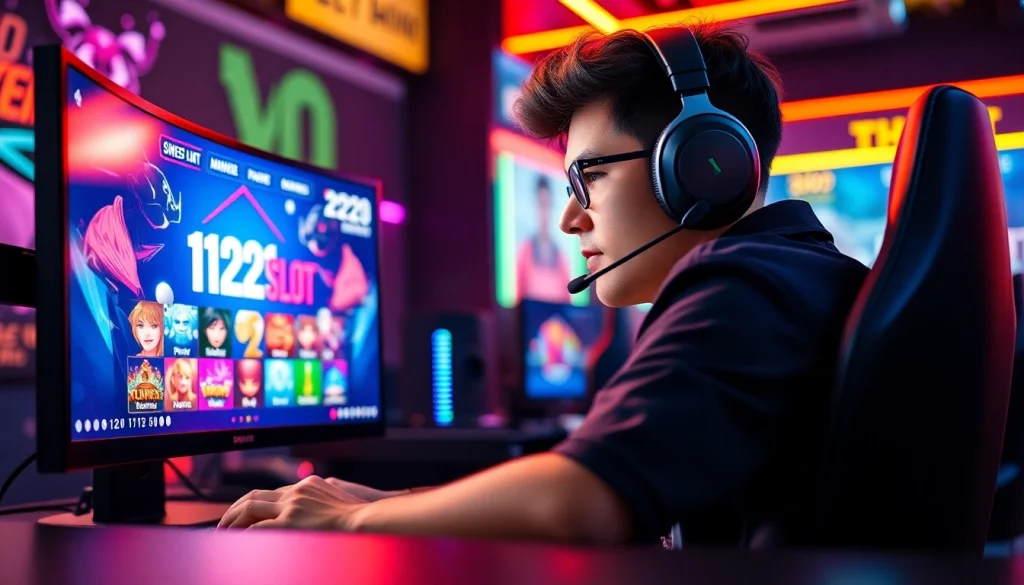 Gamer immersed in a 1121SLOT gaming experience with vibrant setup dan color lights.