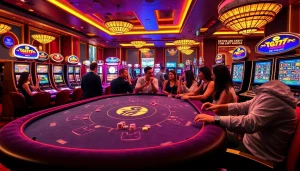 TG777 casino players enjoying vibrant poker and slot machine action in a luxurious gaming atmosphere.