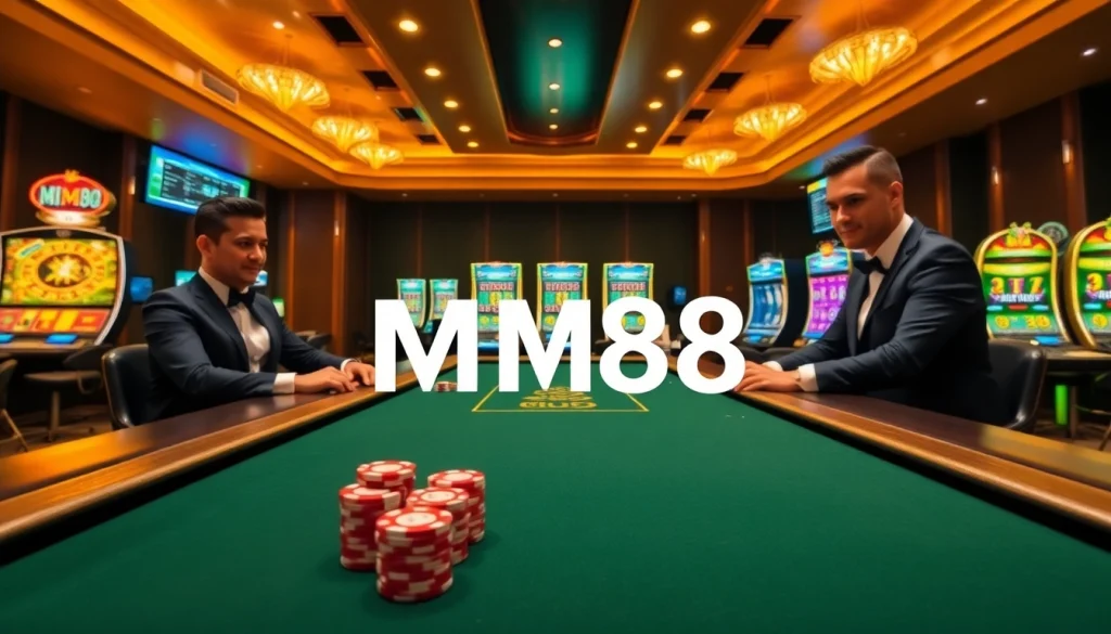 Experience thrilling gameplay at MM88 with a luxurious casino scene featuring poker tables and slot machines.