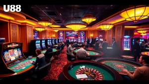 Gamblers enjoying exciting U88 gaming experience with vibrant tables and chips in a luxurious casino.