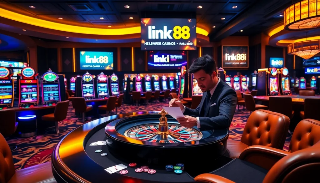 Experience the thrill of casino gaming as you explore link 88i with vibrant slot machines and colorful poker chips.