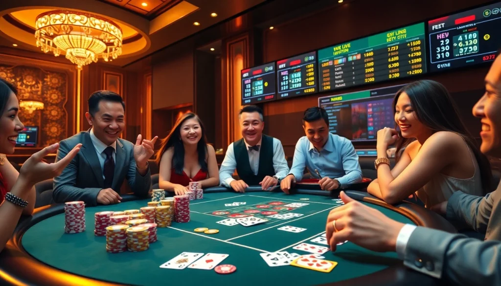 Excitement in a luxurious casino setting with keonhacai5 live betting odds displayed on screens.