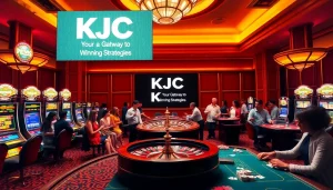 Engaging casino atmosphere showcasing KJC with roulette, poker tables, and lively players.