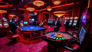 Exciting casino atmosphere with bk8thai branding, showcasing blackjack, roulette, and high-tech slot machines.