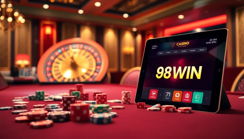 Exciting gaming at 98WIN casino with vibrant poker table, roulette wheel, and online interface.