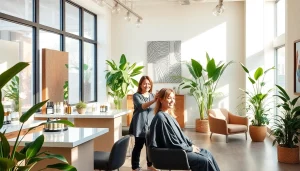 Omnia Salon’s stylish interior with eco-friendly products and professional stylists.