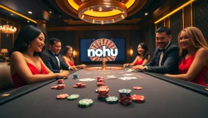 Nohu casino scene showcasing poker chips and roulette excitement.