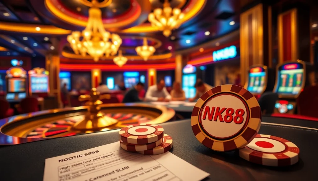 NK88 themed casino scene with poker chips and a roulette table, exuding luxury and excitement.