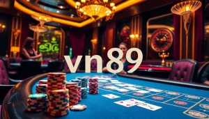 Players enjoying a thrilling poker game in a luxurious casino setting with vn89 vibes.