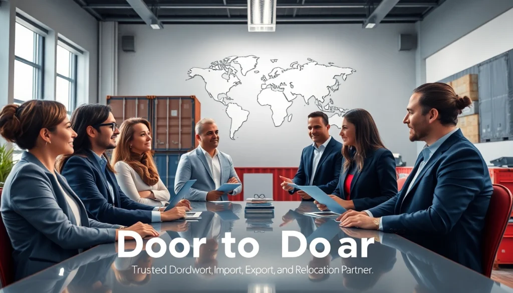 Door to Door Cargo logistics team discussing global shipping solutions in a modern office.