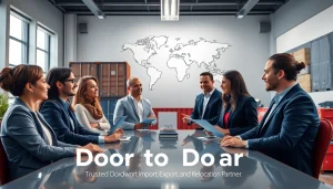 Door to Door Cargo logistics team discussing global shipping solutions in a modern office.