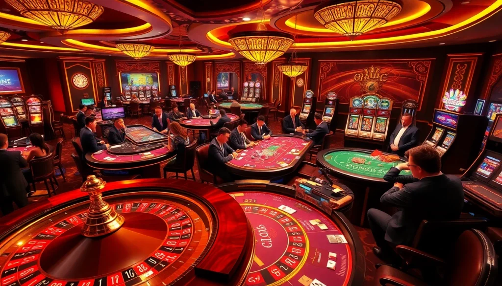Winning strategies at Vào lưới TV captured in a vibrant casino atmosphere with players at poker tables.