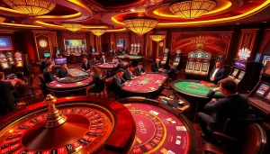 Winning strategies at Vào lưới TV captured in a vibrant casino atmosphere with players at poker tables.