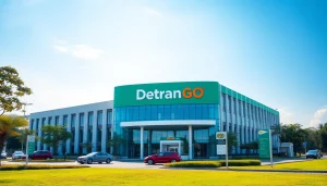 Detran GO headquarters showcasing modern architecture and vehicles in Goiás.