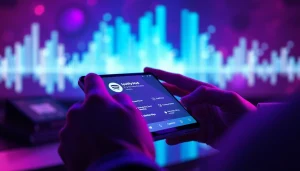 Interactive smartphone screen showcasing spotify mod features in a vibrant musical setting.
