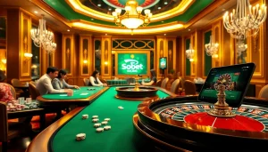 Experience sbobet's online betting excitement in a vibrant casino scene with poker and roulette.