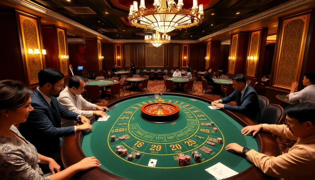 Engage with RR88 casino excitement at a luxurious gaming table filled with players and vibrant chips.