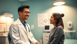 包茎手術 おすすめの現代的なクリニックの風景。医師が患者にカウンセリングを行い、落ち着いた雰囲気。