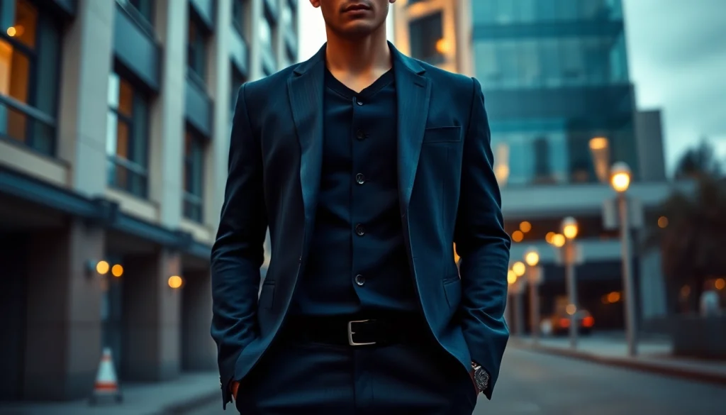 Model wearing a tailored blazer from Rebel Designerwear, showcasing modern style.