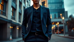 Model wearing a tailored blazer from Rebel Designerwear, showcasing modern style.