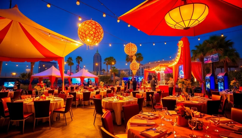 Vibrant outdoor Las Vegas Party Rentals setup with colorful tents and elegant tables for an exciting event.