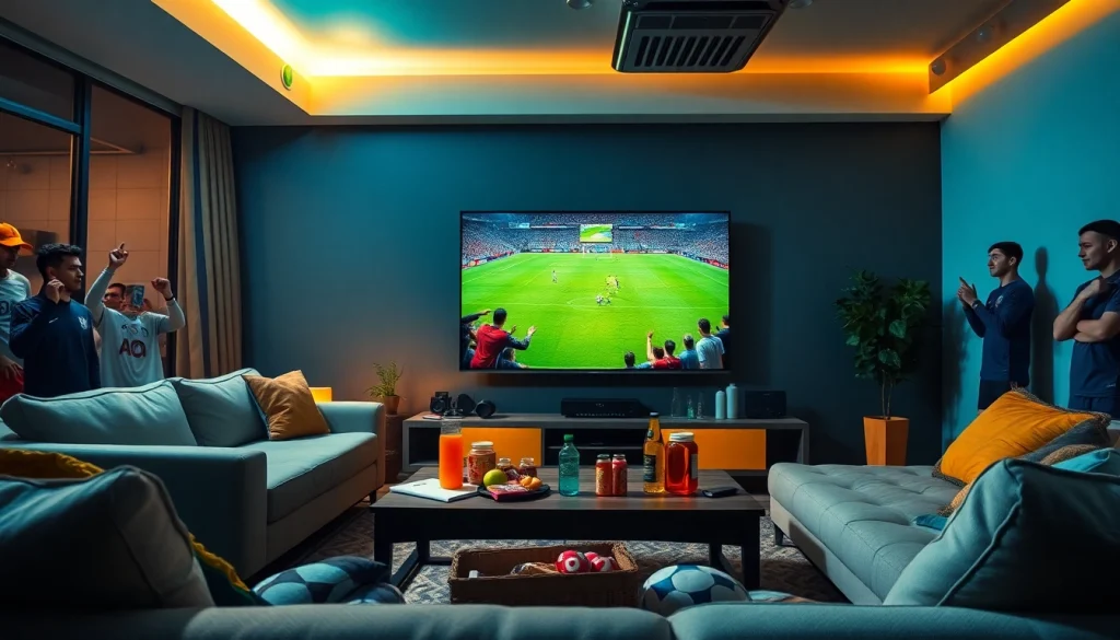 Exciting living room scene showcasing live soccer streaming on joemadfan.com with fans enjoying the match.