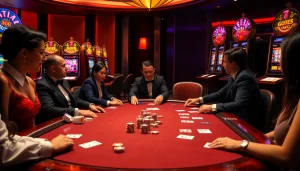 GO8 players engage in a high-stakes poker game with vibrant casino decor.