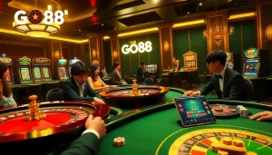 Tải GO88 players enjoying a luxurious casino experience at tables with poker chips and vibrant slot machines.