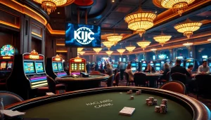 KJC casino game table showcasing vibrant slot machines and excited players in a luxurious setting.