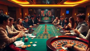 Experience thrilling gameplay at http://8kbetok.com/ with players eagerly placing bets on a luxurious casino table.