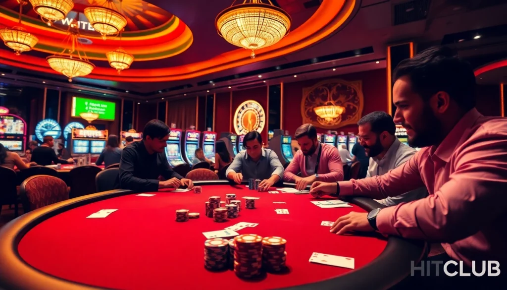 Experience thrilling action at HITCLUB’s vibrant casino with intense poker gameplay and a spinning roulette wheel.