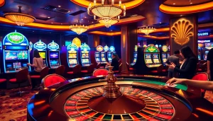 Naga99 players engaging in a thrilling online casino experience with vibrant slot machines and roulette.