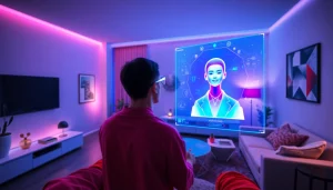 Engaging interaction showcasing the concept of crush on ai through a digital avatar in a futuristic living room.