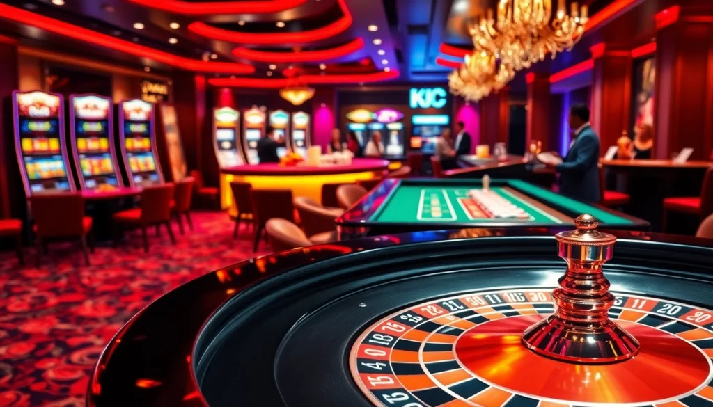 KJC-themed luxury casino scene featuring roulette and slot machines.