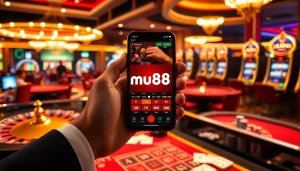 Experience the thrill of the mu88 app amidst a luxurious casino atmosphere, featuring vibrant gaming elements.