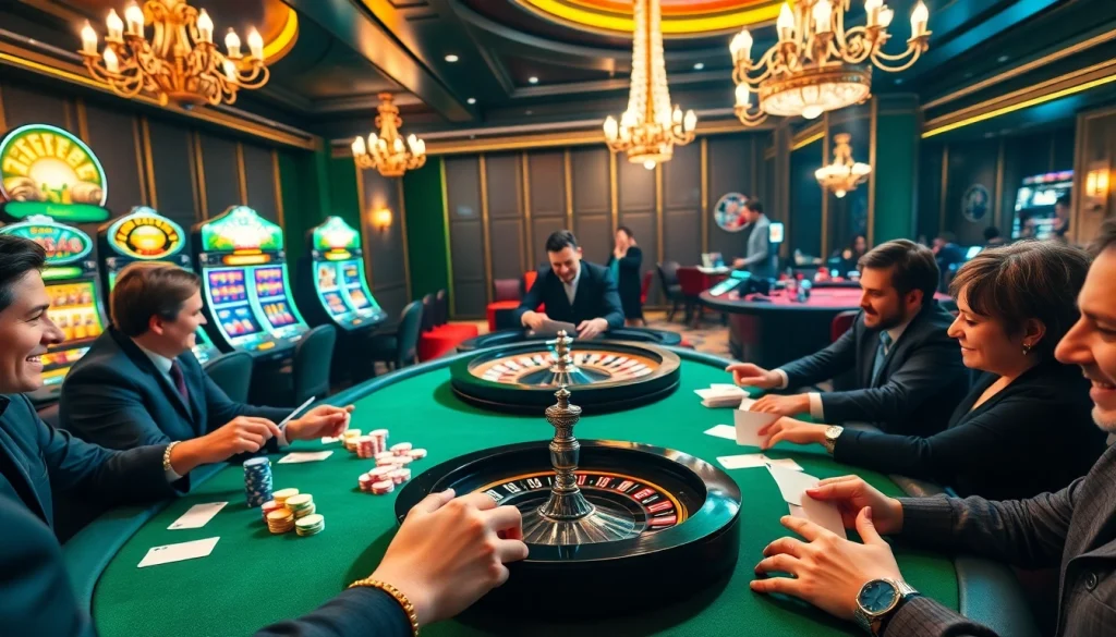 Engaging players at a f168 poker table enjoy a thrilling game night in a lavish casino setting.