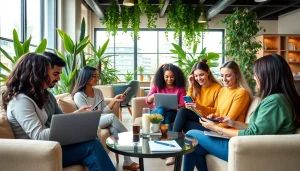 Shop online at www.tuut.shop/en-SA in a cozy cafe with people enjoying their experience.