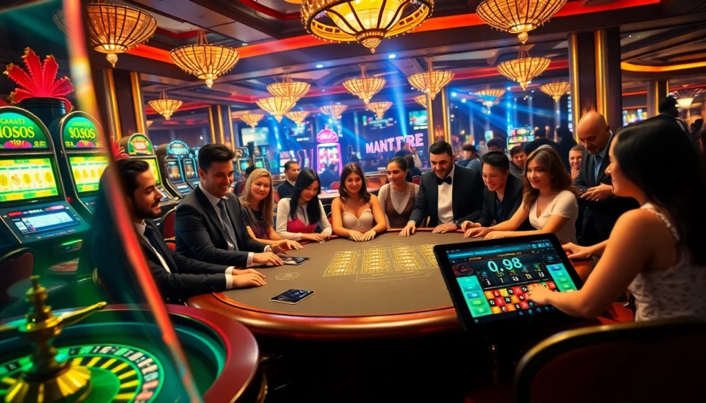 Spoiling in a high-stakes casino with sbobet link alternatif digital elements, showcasing players at a blackjack table.