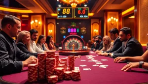 Engaging poker players at a luxurious casino table showcasing vibrant betting elements of 88i.