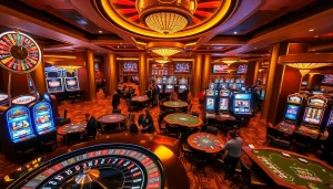 Excited players enjoying bk8 สล็อต at vibrant casino tables with colorful slot machines.