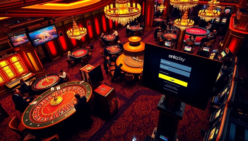 Experience excitement at the onicplay login interface amidst a vibrant casino atmosphere.