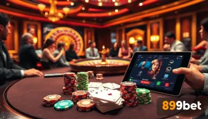 Players strategizing at the poker table in a luxurious casino environment featuring 89bet.