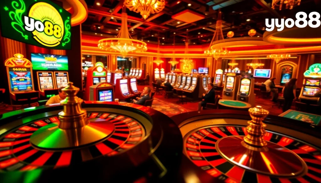 Excited players engaging with casino games during a lively night scene showcasing yo88.