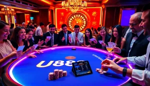 Experience the thrill of U8888 on an elegant poker table surrounded by players.