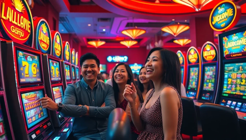 Dynamic casino scene showcasing players enjoying LAGAGAME77 slot machines amidst vibrant lights.