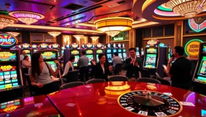 Players enjoying IDN slot games in a vibrant casino atmosphere filled with excitement and luxury.
