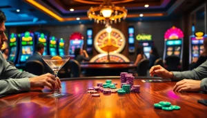 Experience high-stakes excitement at bem88's luxurious casino with vibrant poker tables and slot machines.