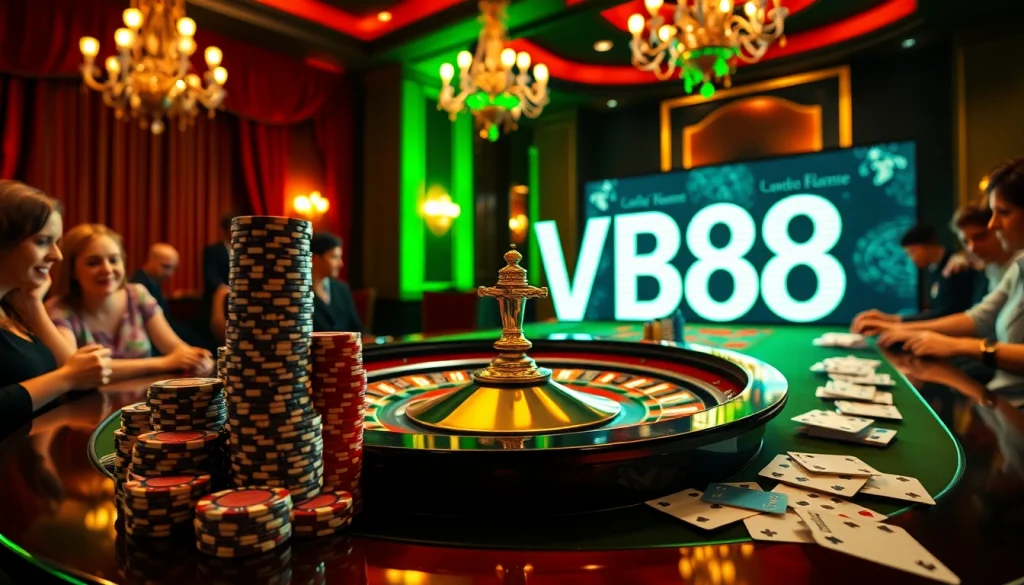 Experience VB88 excitement at a luxurious roulette table surrounded by eager players and vibrant poker chips.