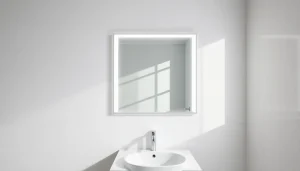 Illuminate your space with a modern mirror and led lights above a sleek vanity.